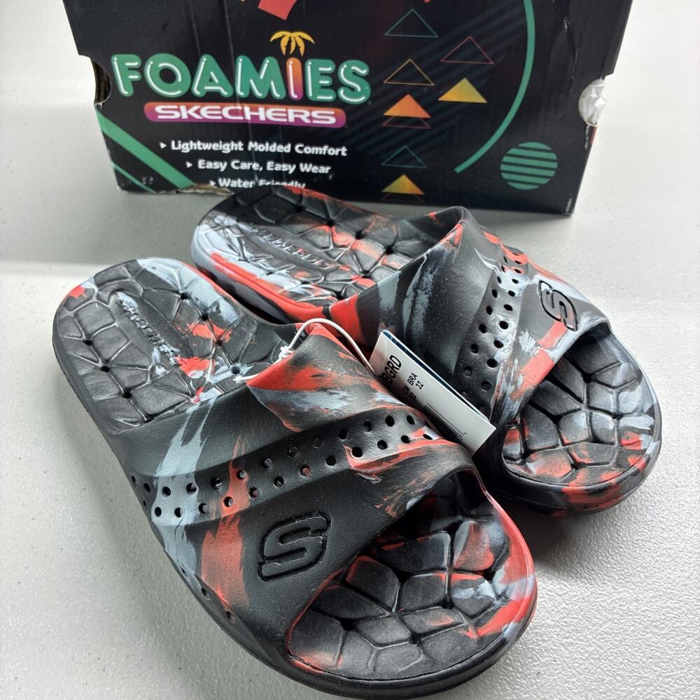 KID'S SKECHERS *HOGAN AQUA SPURT * FOAMIES SLIDES COLORS~BLACK/GRAY/RED SIZE 3